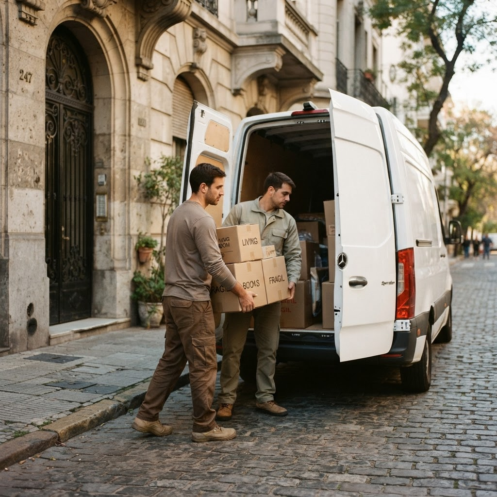 Personal de CMF cargando cajas de mudanza en la camioneta
